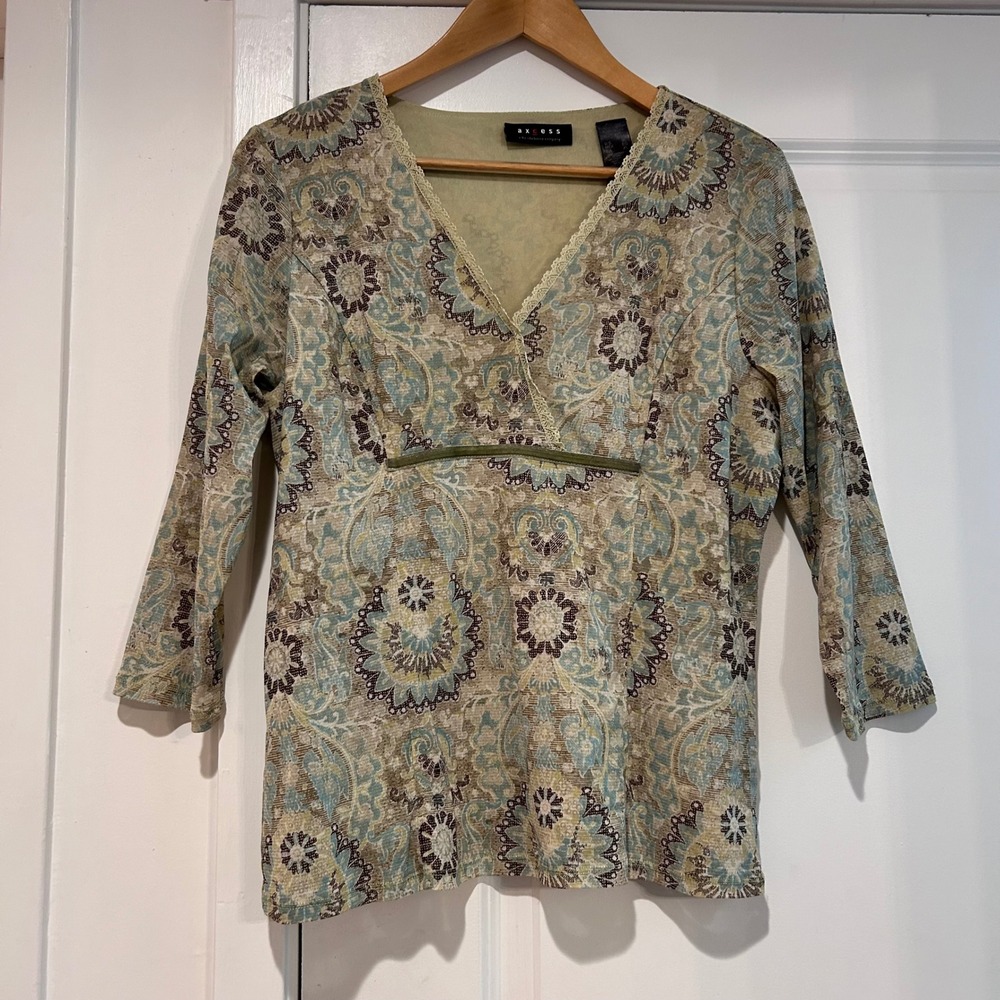 Y2K Axcess Paisley Babydoll 3/4 Sleeve Top Women's XL Forest Fairy Artsy 90s